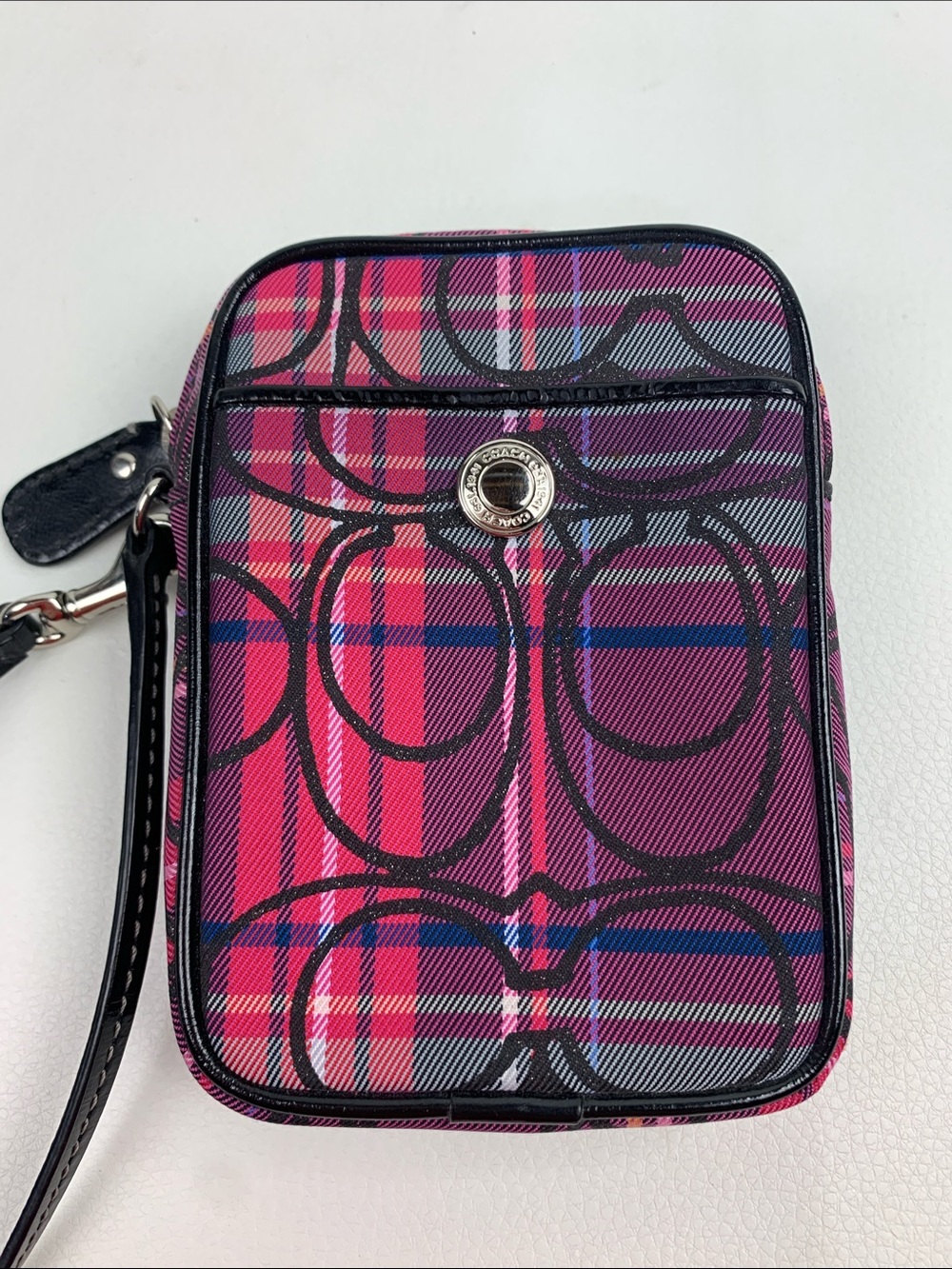 Coach Pink purple Plaid Signature Wristlet wallet clutch bag Black Trim Zip NEW